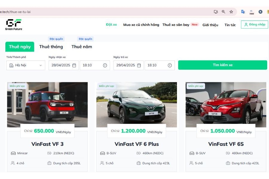 Đặt xe ngay trên trang chủ website Green Future