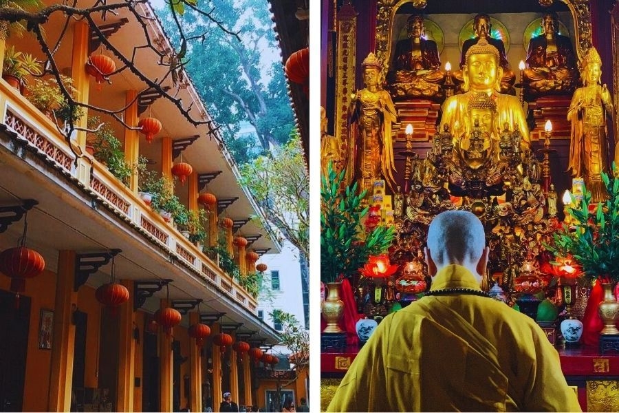Khu chính điện được bố trí theo truyền thống tín ngưỡng với tượng Tam Thế Phật