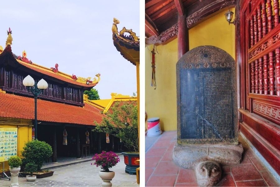 Mặt sau tháp chuông và hình ảnh một trong những tấm bia với cổ tự quý giá