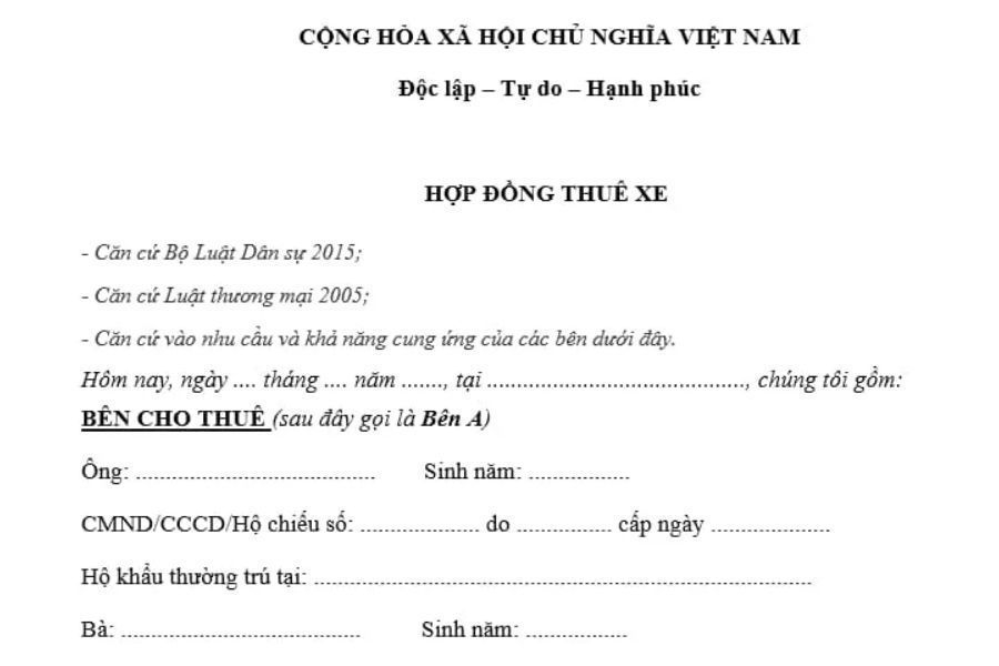 Mẫu hợp đồng thuê xe tự lái theo quy định pháp luật Việt Nam