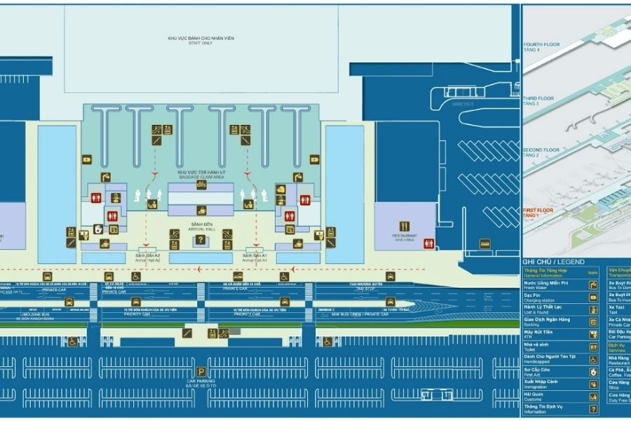 Sơ đồ tầng 1 của nhà ga T2 tại sân bay Nội Bài