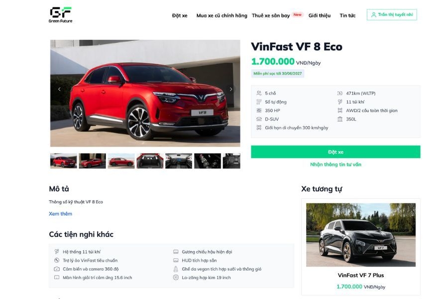 Thao tác đặt xe qua website của Green Future