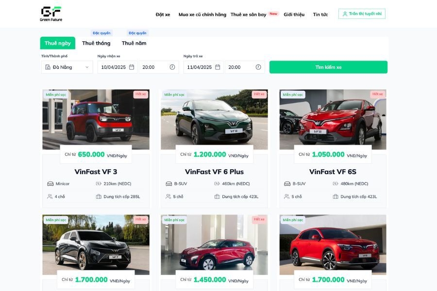 Thao tác đặt xe qua website của Green Future
