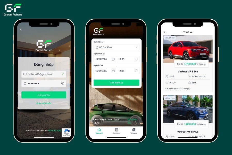 Thao tác đặt xe nhanh chóng trên app của Green Future