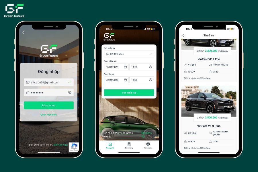 Thao tác thuê xe tự lái trên ứng dụng Green Future Rental