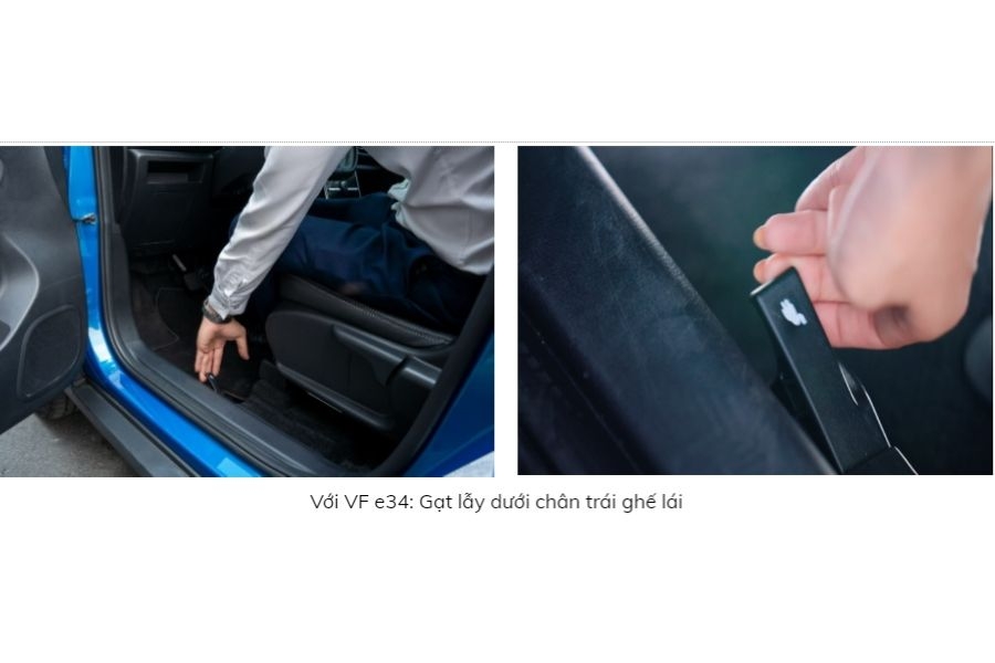 VF e34 mở hốc sạc bằng cách lẫy dưới chân ghế lái