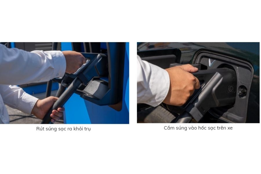 Rút súng từ trụ sạc và cắm vào hốc sạc trên xe